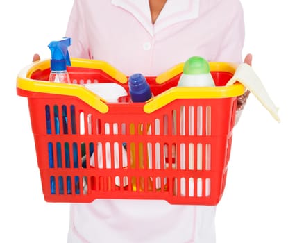 Happy Female Cleaner Holding Bucket With Cleaning Supplies Over White Background