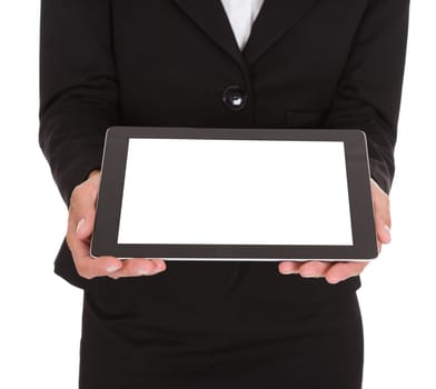 Happy Businesswoman Showing Laptop Over White Background