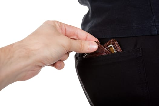 Hand of a male pickpocket stretching out stealing a mans wallet from the back pocket of his trousers isolated on white