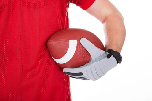 Happy American Football Player Holding Rugby Over White Background
