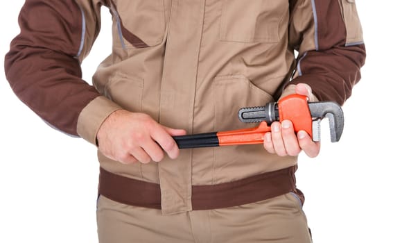 Male Plumber Holding Wrench And Toolkit On White Background