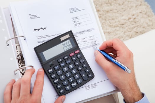 Portrait Of A Young Man Sitting On Couch With Calculator And Documents
