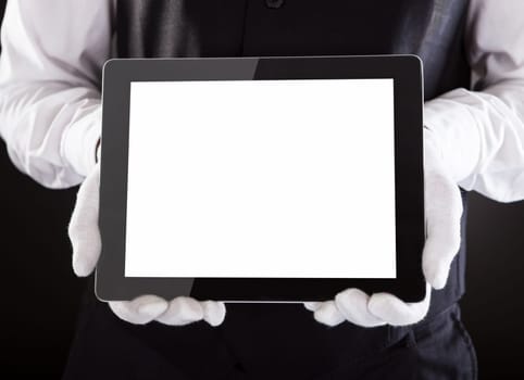 Close-up Of A Waiter Hand Showing Blank Digital Tablet