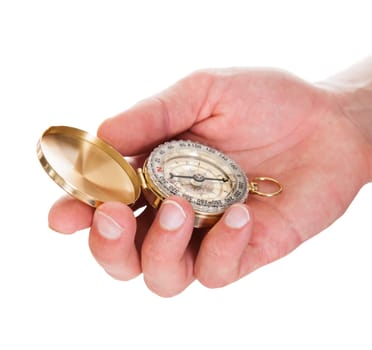 Close-up Of Hand Holding Compass On White Background