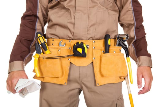 Closeup on the tool belt of worker on white background