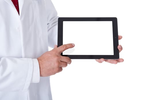 Doctor presenting empty tablet. Isolated on white background