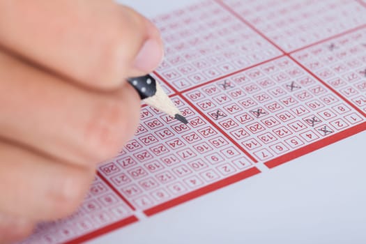 Close-up Of A Person Marking Number On Lottery Ticket With Pencil