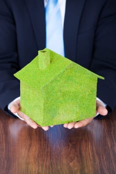 Businessman Sitting In Front Of House Covered With Grass