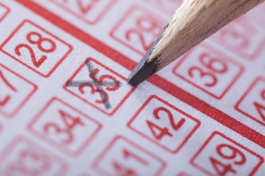 Close-up Of A Person Marking Number On Lottery Ticket With Pencil