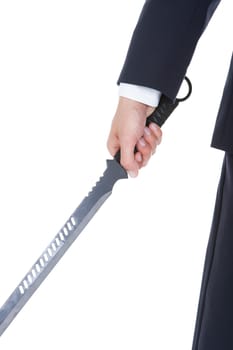 Young Businessman Standing With Sword Over White Background