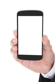 Close-up Of Hand Holding Cell Phone Over White Background