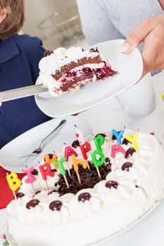 Close-up on tasty piece of cake at birthday party