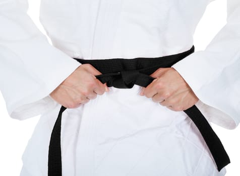 Young Man In Kimono Practicing Karate Over White Background