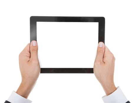 Close-up Of Hand Holding Digital Tablet Over White Background