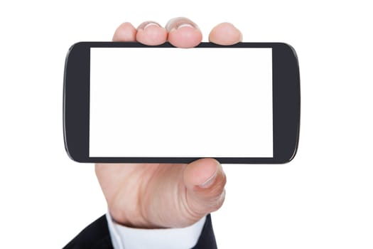 Close-up Of Hand Holding Cell Phone Over White Background
