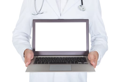 Happy Young Male Doctor Holding Laptop Over White Background