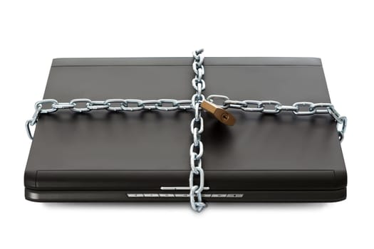 Laptop with chains and lock. Security concept. Isolated on white