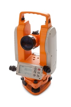 Survey equipment theodolite with digital display. Isolated on white