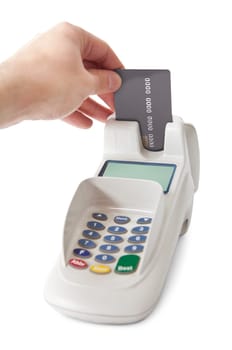 Inserting credit card into bank terminal. Isolated on white
