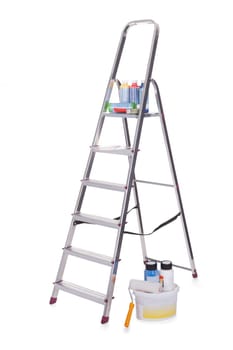 Aluminum ladder and paint tools. Isolated on white
