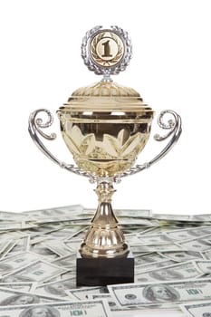 Golden trophies awards cup  and dollar notes. Isolated on white