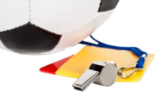 Soccer ball, whistle and cards. Isolated on white