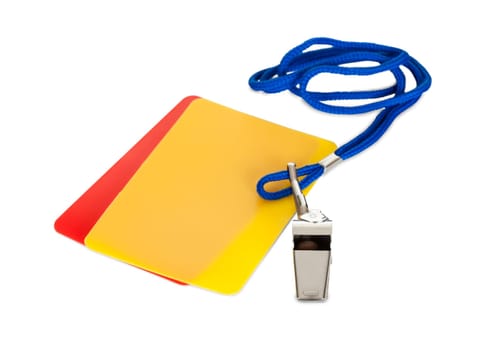 Soccer ball, whistle and cards. Isolated on white