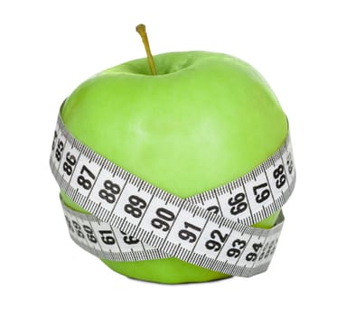 Apple wrapped in measuring tape. Diet concept. Isolated in white