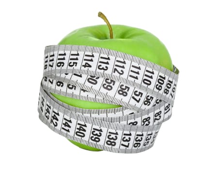 Apple wrapped in measuring tape. Diet concept. Isolated in white