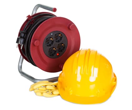 Electric cable reel, helmet and rubber gloves. Isolated on white