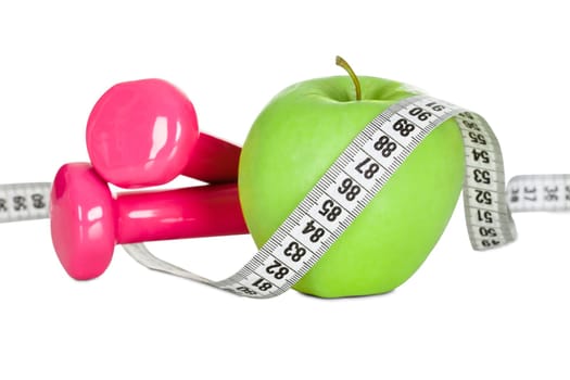 Apple wrapped in measuring tape. Diet concept. Isolated in white
