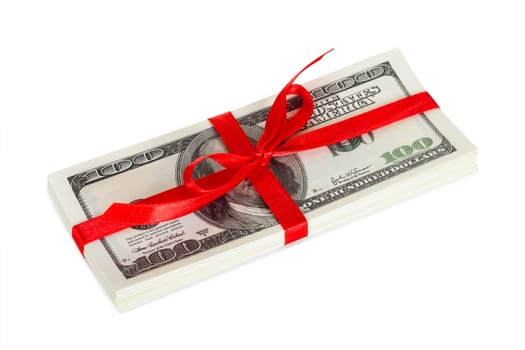 Pack of dollars wrapped a  gift. Isolated on white background