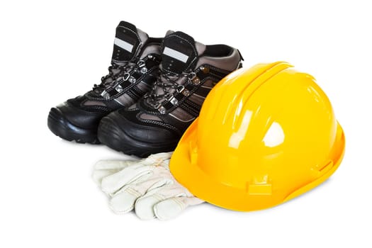 Pair of shoes, helmet and gloves. Isolated on white