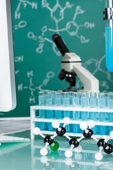 Photos of scientists working place in research laboratory