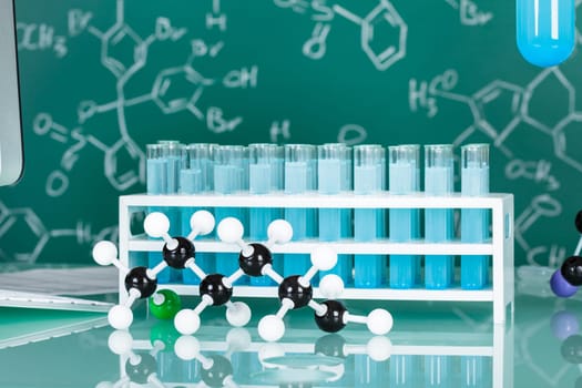 Photos of scientists working place in research laboratory