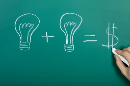 Turning ideas into cash concept on chalkboard