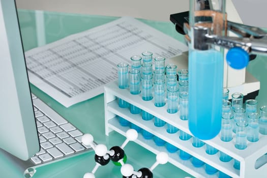 Photos of scientists working place in research laboratory