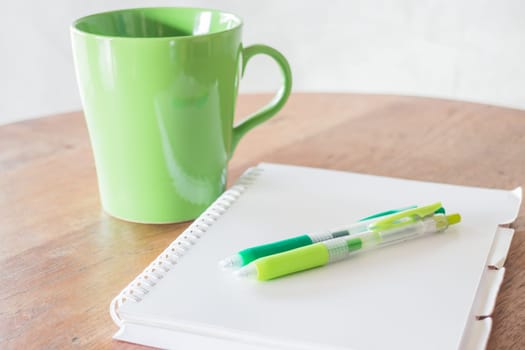 Set of work table with hot cup, stock photo