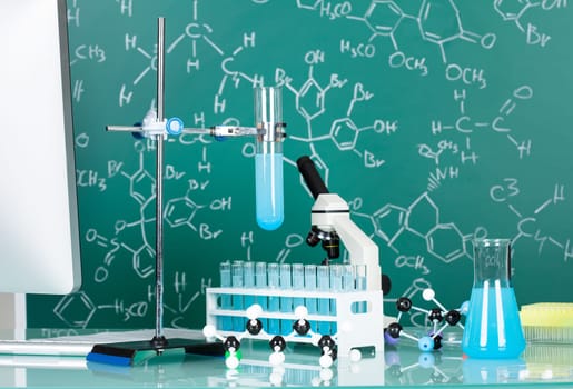 Photos of scientists working place in research laboratory