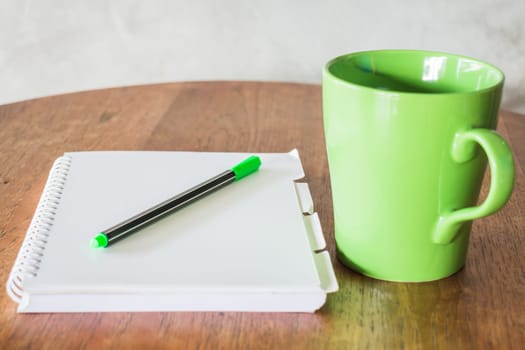 Set of work table with hot coffee, stock photo
