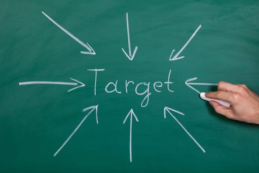 Hand Drawn Arrows Gathering Over Target On Chalkboard
