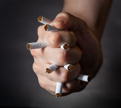 Male Fist Piercing Cigarettes Over Black Background