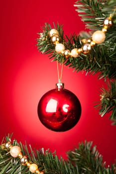 Close-up Of Red Decorative Bauble Hanged On Christmas Tree