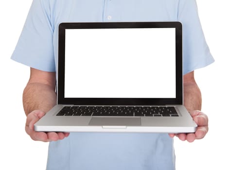 Mature Man Holding Laptop Over White Background