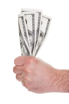 Close-up Of Man's Hand Holding Currency Note On White Background