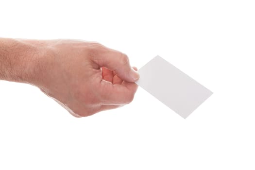 Close-up Of Man's Hand Holding Blank Visiting Card On White Background