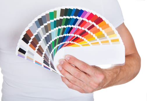 Young Man Holding Color Palette Isolated On White Background