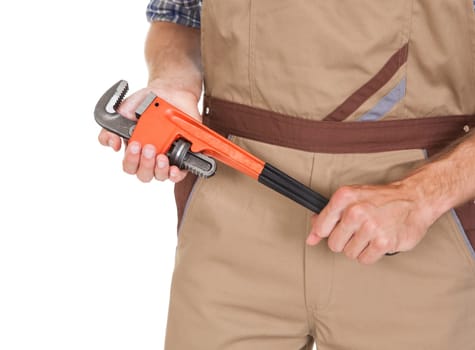 Close-up Of Male Worker Holding Wrench Isolated On White Background