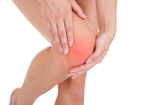Close up of woman leg injury isolated on white background