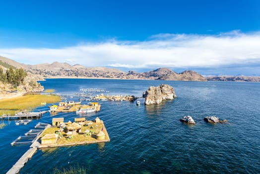 Three floating islands on Lake Titicaca near Copacabana, Bolivia